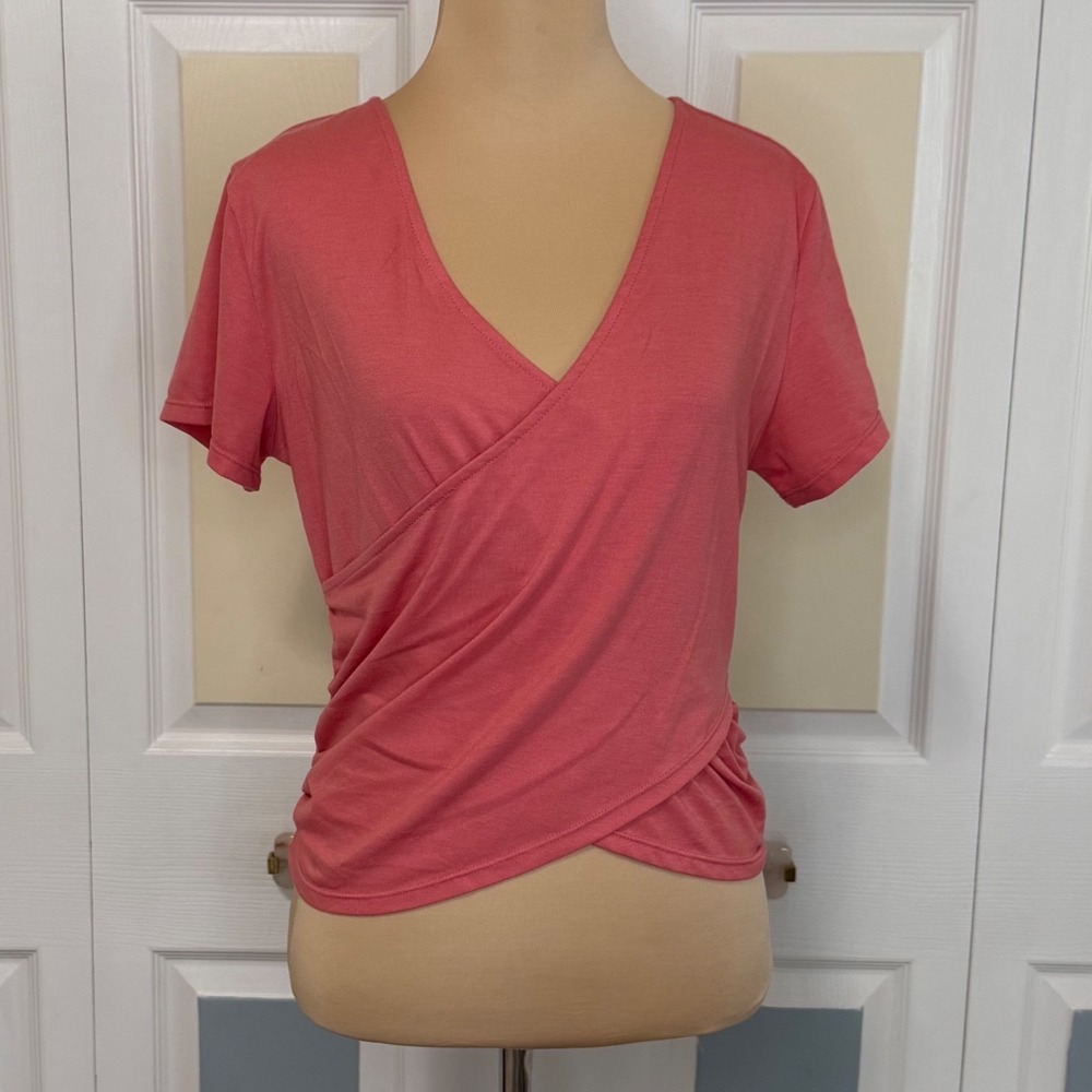 90 Degree by Reflex Womens Coral Pink Faux Wrap V-Neck Ruched Top SSW14807 L